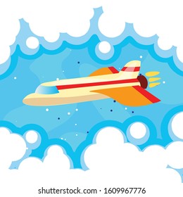 Cartoon cute vector illustration of plane in blue sky and clouds. Airplane flying in a sky, turbo plane, jet in clouds, vector illustration