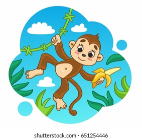 Cartoon cute vector monkey with banana. Summer vacation. Vector illustration for kids