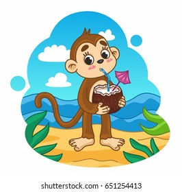 Cartoon cute vector monkey with coconut smoothies. Summer vacation. Vector illustration for kids