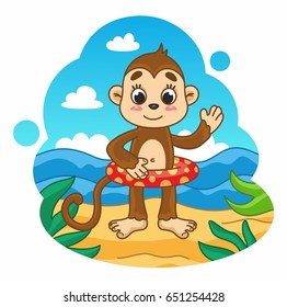 Cartoon cute vector monkey on the beach with crab. Summer vacation. Vector illustration for kids
