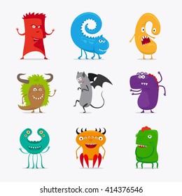 Cartoon cute vector monsters. Different colour funny monsters icons on white background. Vector illustration