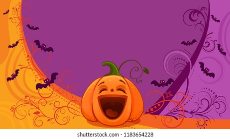 Cartoon cute vector pumpkin card Invitation to the holiday of Halloween Flying bats flat cute postcards for children Templates for printing eps 10 moskup laughing smiley emoticon violet orange