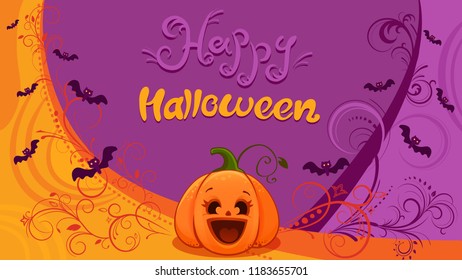 Cartoon cute vector pumpkin card, invitation to the holiday of Halloween, flying bats, cartoon cute postcards for children, templates for printing, invitation horizontal Lettering eps 10 moskup
