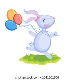 Cartoon cute vector rabbit with ballons on green grass isolated on white, colorful illustration hare, farmer domestic animal, Character design for greeting cards children invite, creation of alphabet