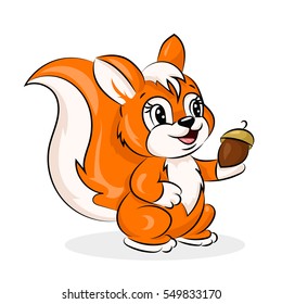 Ardilla linda del Vector de la historieta con la bellota en el fondo blanco