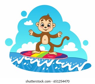Cartoon cute vector surfing monkey. Summer vacation. Vector illustration for kids