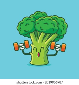 Cartoon cute vegetable broccoli workout with dumbbells. Vector mascot