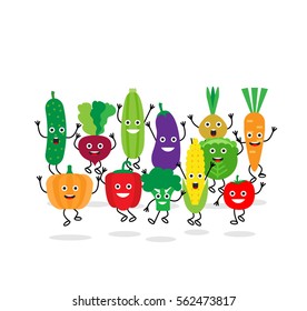 cartoon cute vegetable characters jumping on white background