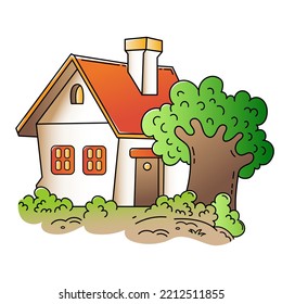 Cartoon Cute Village Home. Country House. Summer Cottage. Colorful Vector Illustration For Kids.