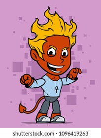 Cartoon cute walking smiling little blonde red devil boy character in blue shirt with ankh. On violet background. Vector icon.