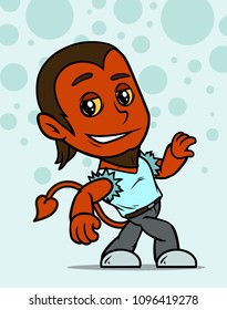 Cartoon cute walking smiling little blonde red devil boy character in blue shirt with ankh. On blue background. Vector icon.