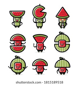 Caricatura sobre un bonito set de fruta de la sandía. Se puede usar como mascota, icono y logotipo.