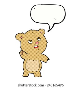 caricatura lindo ondeando oso de peluche con burbuja de habla