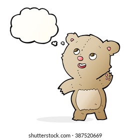 cartoon cute waving teddy bear with thought bubble