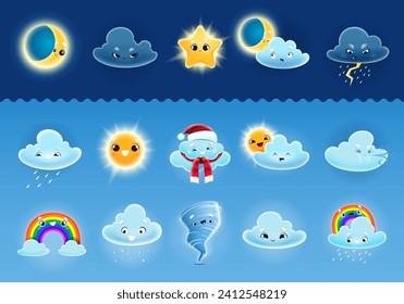 Caricatura de personajes lindos del tiempo. Nubes vectoriales, sol, lluvia, viento y arco iris, luna, estrella, nieve, tormenta de tornados y personajes relámpagos con caras graciosas. Emoticones de pronóstico meteorológico y meteorología