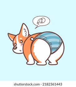 Cartoon Cute Welsh Corgi In Striped Panties Vector Drawing. 