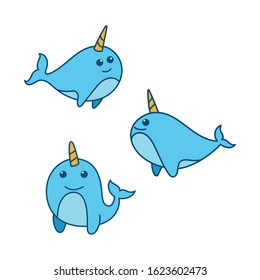 cartoon cute whale vector illustration set