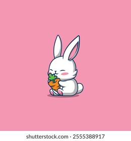 a cartoon cute white bunny huge the carrot with happy face