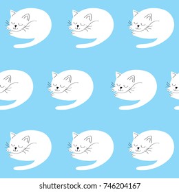 Cartoon cute white cat and blue seamless pattern  vector.