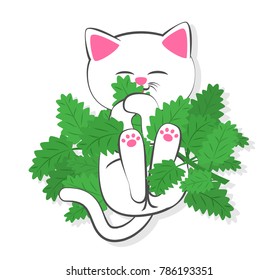 cartoon cute white cat hugging and eating fresh catnip, isolated vector