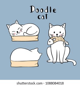 Cartoon cute white cat sleeping in box and fish vector.