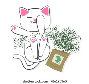 cartoon cute white cat sleeping after smelling and eating dried catnip, isolated vector