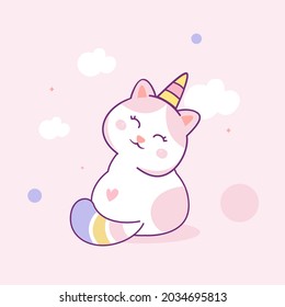 Cartoon cute white cat unicorns. Funny caticorn kittens vector. 