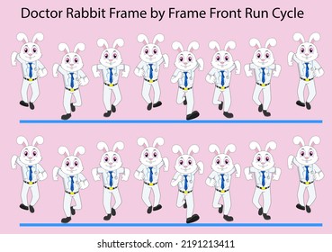 Cartoon Cute White Doctor Rabbit Front Run Cycle Vector Illustration. Designed For 2D Loop Animation, Motion Graphics, Infographics, Animated Posters, ELearning Videos