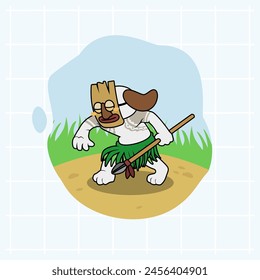 cartoon cute white dog becomes a Tiki warrior on a very ethnic island carrying a spear