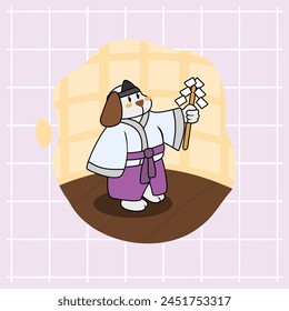 cartoon of a cute white dog being a Japanese priest praying while holding a stick