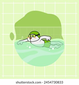 Caricatura de un lindo perro blanco siendo un atleta profesional de natación