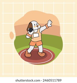 cartoon of a cute white dog being a professional shot put athlete in action in the Olympic arena