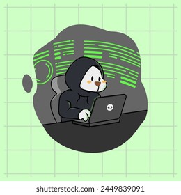 Cartoon cute white dog is committing fraud by hacking data on a computer