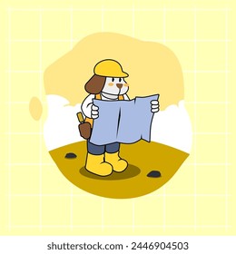 Caricatura de un lindo perro blanco, un trabajador de la construcción con un casco amarillo, leyendo un plano del edificio