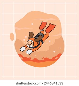 Cartoon cute white dog diving in the orange sea with full equipment searching the seabed