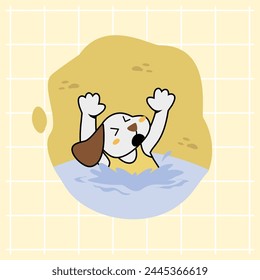 cartoon cute white dog drowns because he doesn't pay attention to warnings on the beach trying to call for help