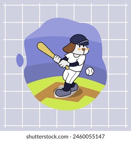 Cartoon cute white dog hitting a home run in a baseball game