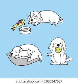 Cartoon cute white dog playing, Bird eating, Cat sleeping vector.