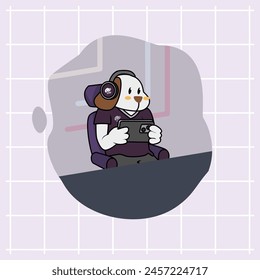 Cartoon cute white dog is seriously playing a game on a device in a professional esports player competition