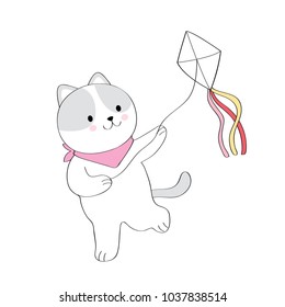 Cartoon cute white and gray cat playing kite vector.
