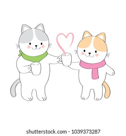 Cartoon cute white and gray cat  gives coffee to a friend vector.