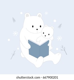 Cartoon cute white  polar bears mother and baby reading tale story  in the winner vector.