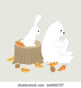 Cartoon cute white rabbit and white bear reading book vector.