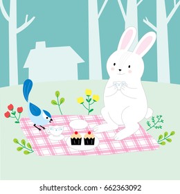 Cartoon cute white rabbit and blue bird drinking tea time in the garden vector.
