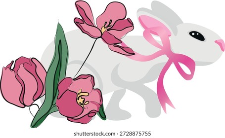 cartoon cute white rabbit with a bow around his neck and pink tulips next to him, for Easter cards, posters or other holiday designs