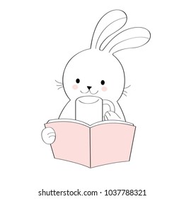 Cartoon cute white rabbit drinking and reading book vector.