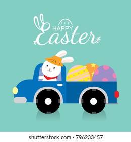 Cartoon cute white rabbit  driving a blue truck with colorful Easter eggs vector.