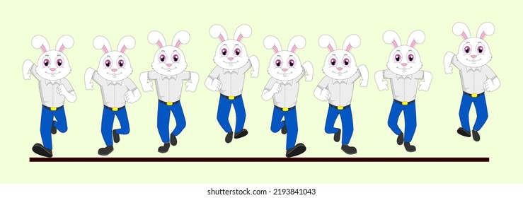 Cartoon Cute White Rabbit Front Run Cycle In School Dress Vector Illustration. Designed For 2D Loop Animation, Motion Graphics, Infographics, Animated Posters