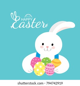 Cartoon cute white rabbit wearing blue dress and colorful eggs, Happy Easter day vector, Green background.