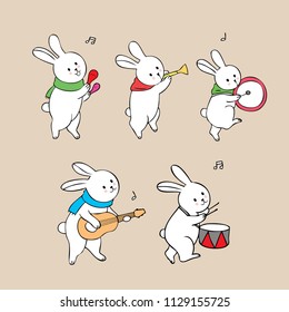 Cartoon cute white rabbits playing music vector.